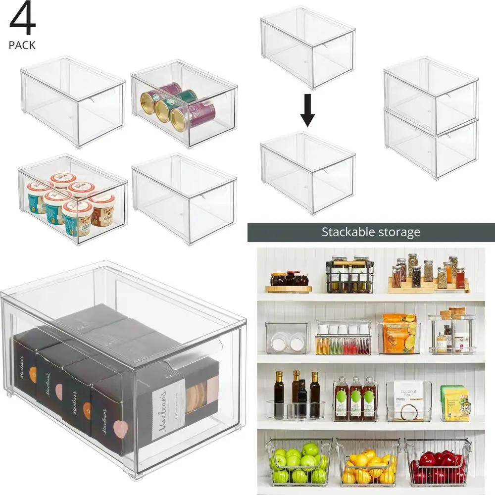 

Штабелируемые прозрачные кухонные контейнеры для хранения с выдвижными ящиками, коллекция из 4 предметов Lumiere для кладовой, холодильника и морозильной камеры Orga