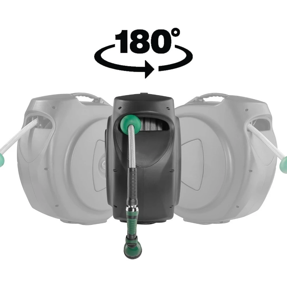 بكرة خرطوم حديقة قابلة للسحب، 100 قدم × 5/8 بوصة بكرة خرطوم مياه متينة مثبتة على الحائط مع/180 ° دعامة دوارة، بخاخ بنمط 9 - الأفضل #2