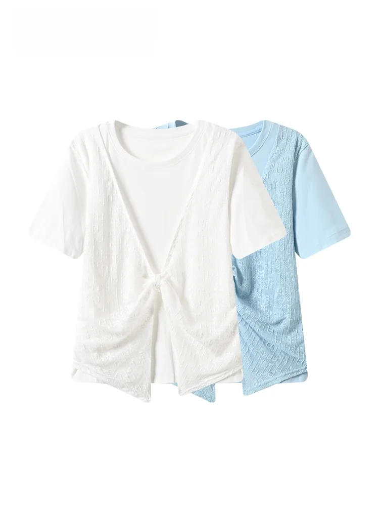 

Loose Lace Splice Short Sleeve T-Shirt Women's Summer New plus Size Casual Style Polyester Fiber round Neck Basic Top