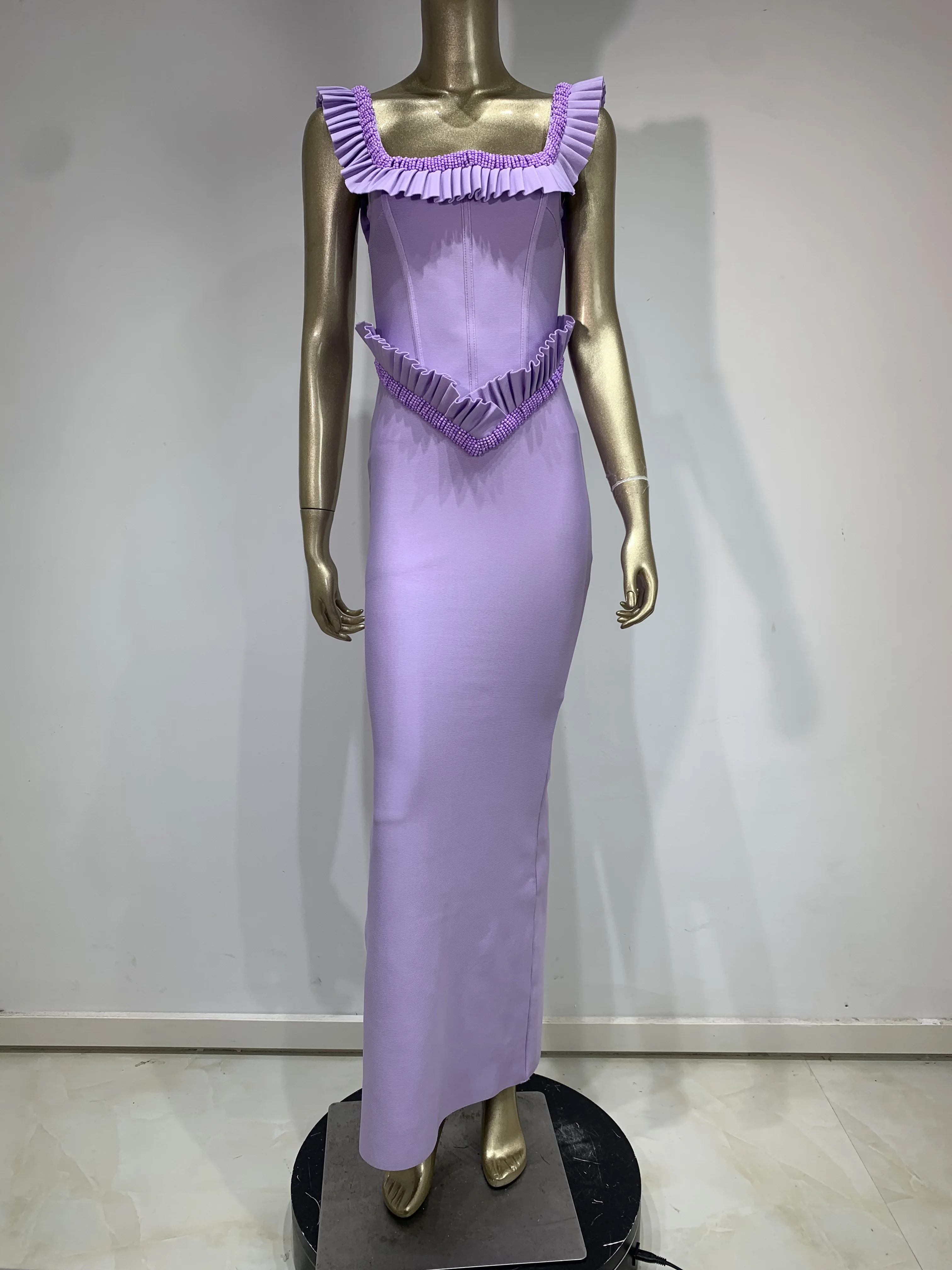 여성 연예인 섹시한 O 넥 프릴 보라색 구슬 맥시 롱 Bodycon 붕대 드레스 2025 우아한 저녁 클럽 파티 드레스