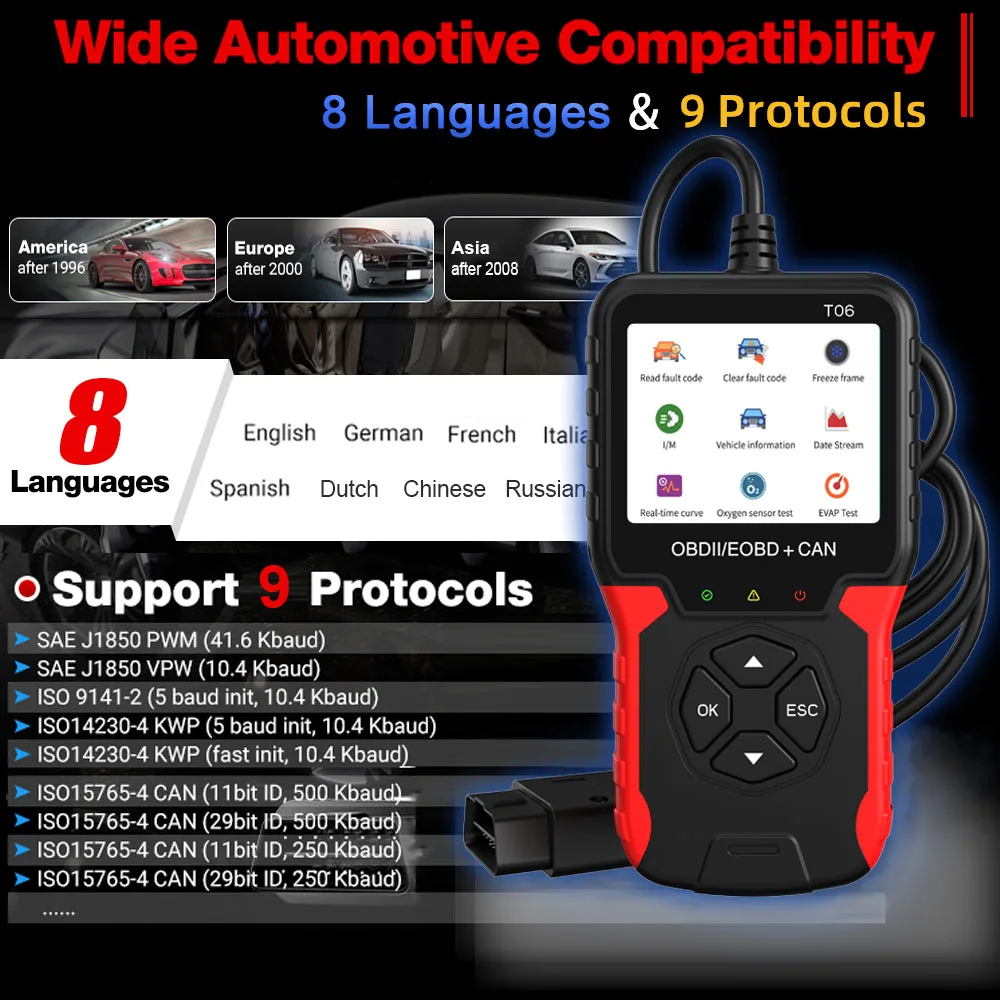 Battery Tester OBD2 Scanner Code Reader Car Diagnostic Tool T06 Check Engine System Multi-language Support Auto Accessories