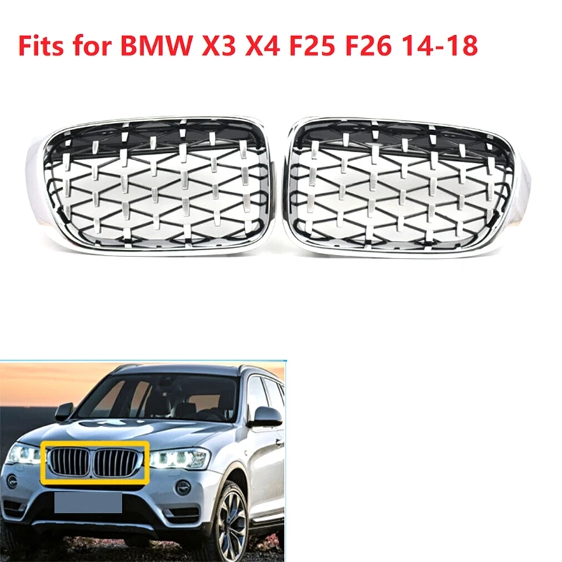 2PCS Set Front Kidney Grilles Diamond Meteor Style Chrome Fits For BMW X3 X4 F25 F26 14-18 Car Parts