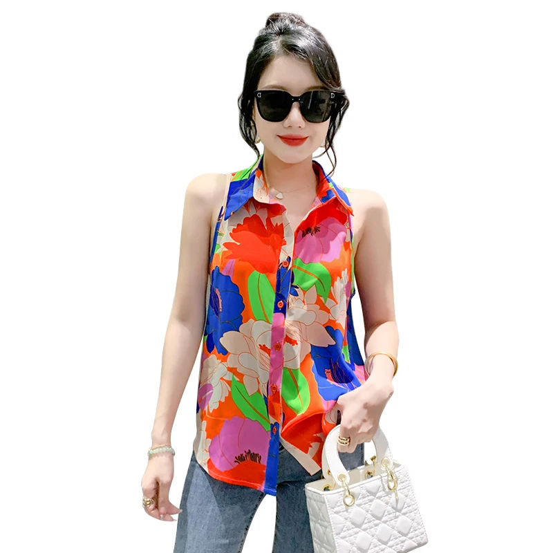 2025 Summer Women's Shirt Print Sleeveless Single Breasted Blouse Fashion Turn-down Collar  Womens Tops Loose Shirts for Women