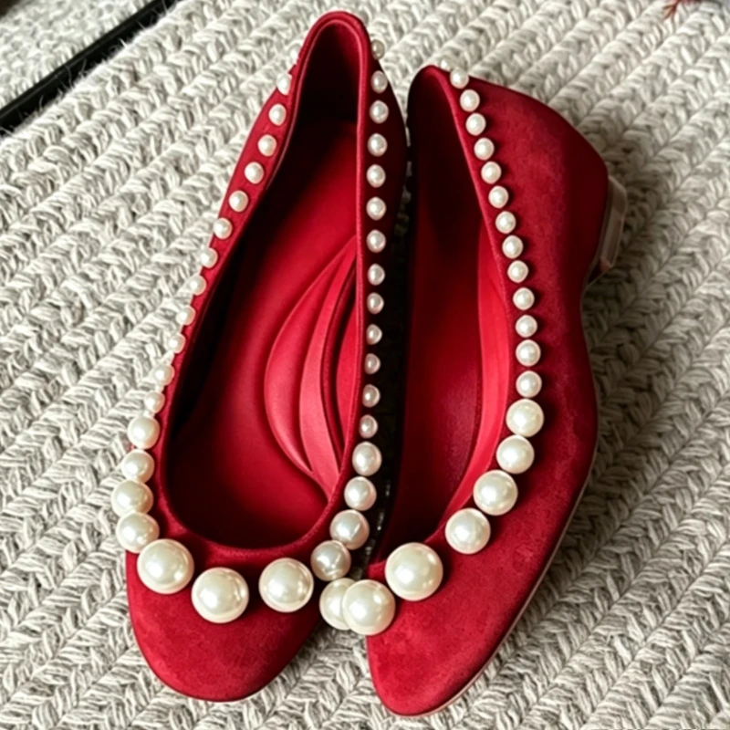 Retro String Beads Detail Mary Jane Shoes Women Faux Suede Round Toe Chunky Heeled Designer Shoes Elegant Lolita Shoes for Girls