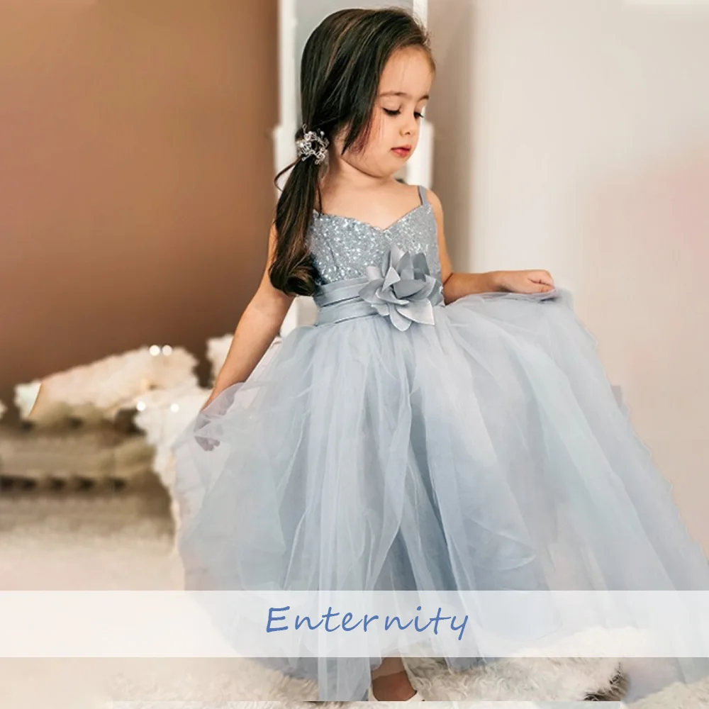 Princess Girls Dress a-line Flower waist Open Back Flower Girl Dress abiti senza maniche con paillettes alla caviglia Para nias