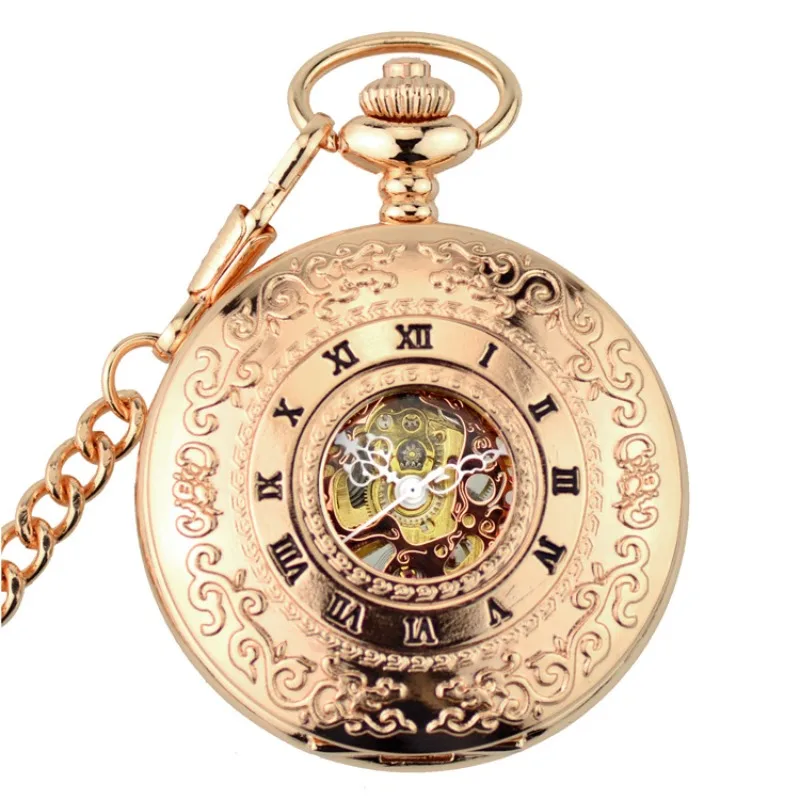 

Rose Gold Skeleton Steampunk Hollow Case Roman Number Dial Men's Hand Wind Mechanical Movement Pocket Watch with Fob Chain Gift