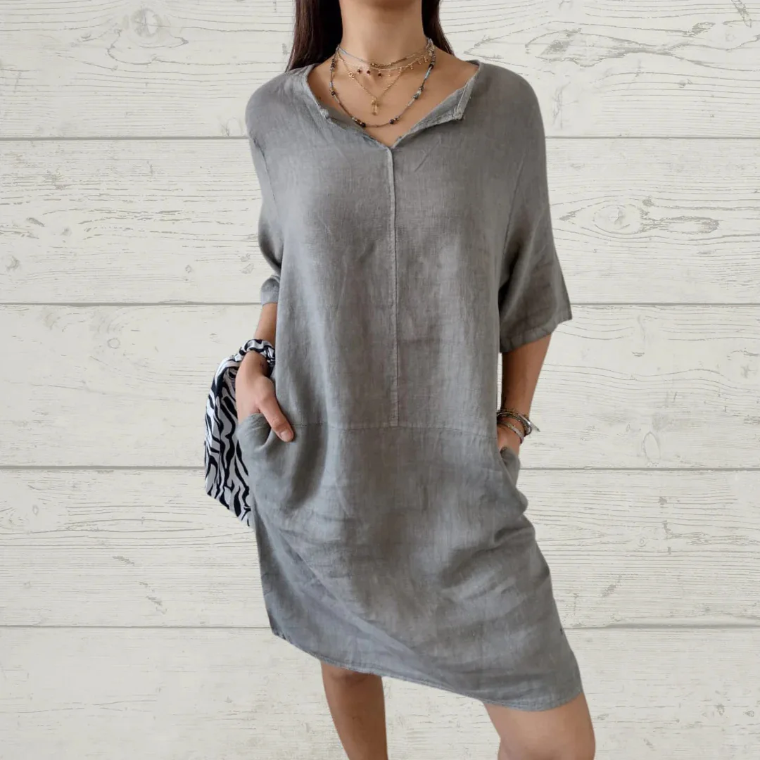 Spring And Summer Women's Clothing Linen Cotton V-Neck Loose Casual Pocket Short Sleeve Dress