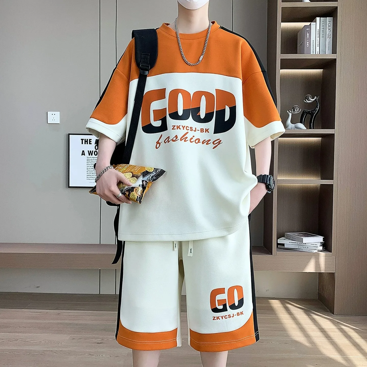 

Summer Men's Black Sets American Trend Cool Printing T-shirts Shorts 2 Piece Set Breathable Waffle Top Sports Men's Clothing