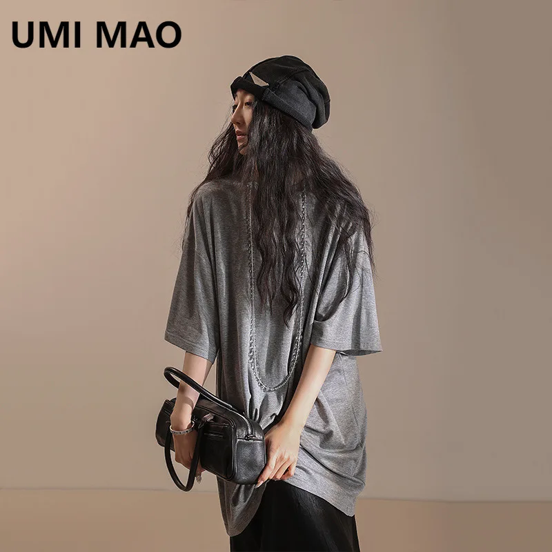 

UMI MAO Top Spring Autumn Medium To Long Short Sleeve T-shirt Women Loose Large Size Casual Five Step Sleeve Blended Breathable