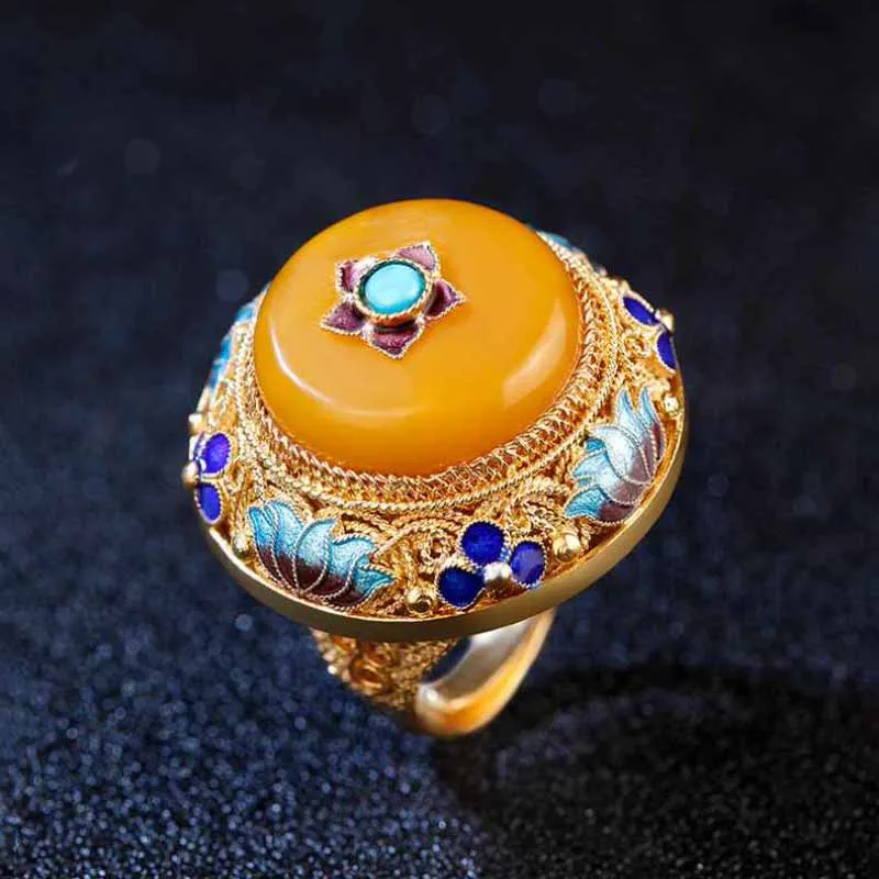 Ancient gold craftsmanship natural yellow chalcedony lotus enamel porcelain rings for women palace style luxury dinner jewelry