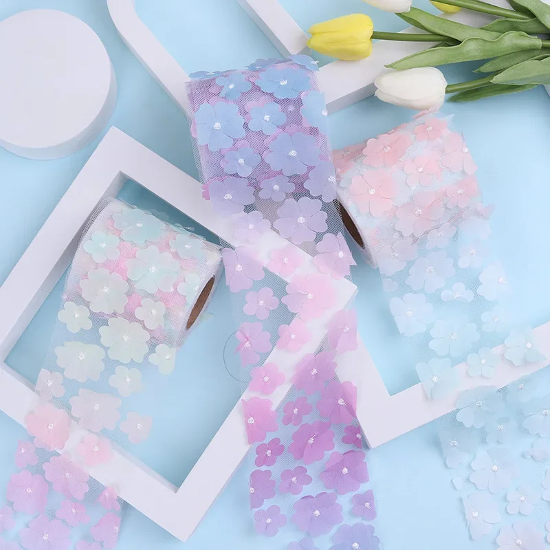 

5yards 10cm 3D Flower Lace Fabric Trimming Gradient Color Tulle Ribbon for DIY Headwear Gift Wrapping Craft Sewing Materials