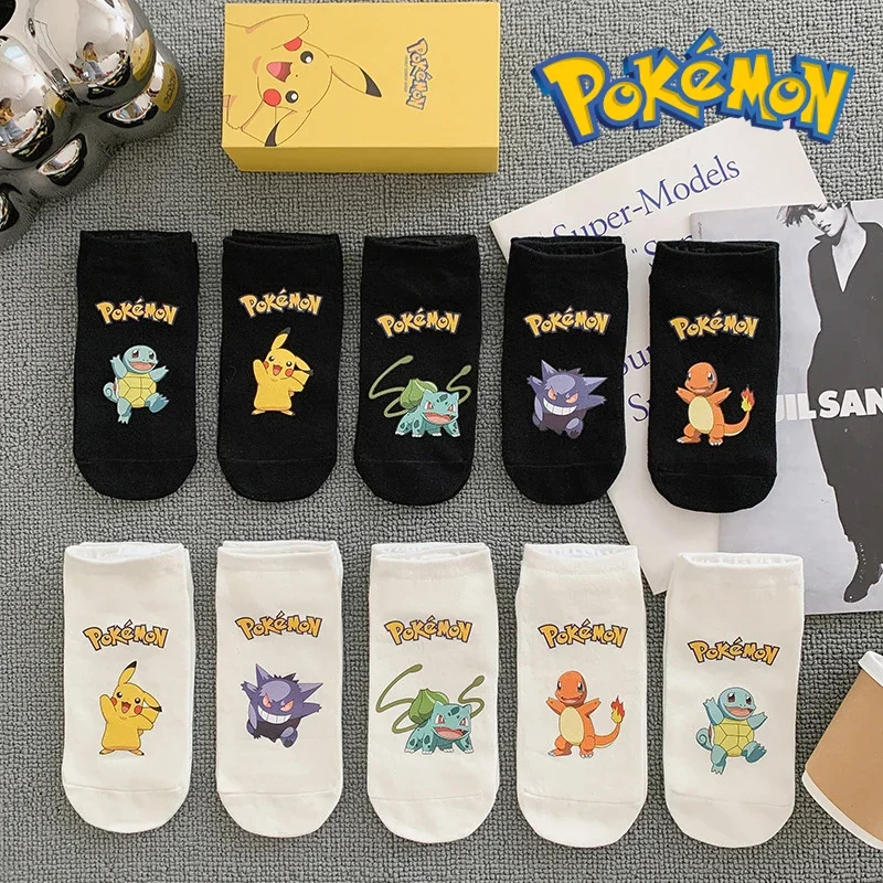 5-pares-pokemon-periferico-anime-padrao-barco-meias-pikachu-charmander-gengar-algodao-adulto-bonito-meias-curtas-encaixotado-menino-menina-presentes