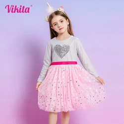 VIKITA Children Heart Shape Design Sequined Dresses Kids Long Sleeve Autumn Winter Princess Mesh Tulle Elegant Dresses 3-12 Yrs