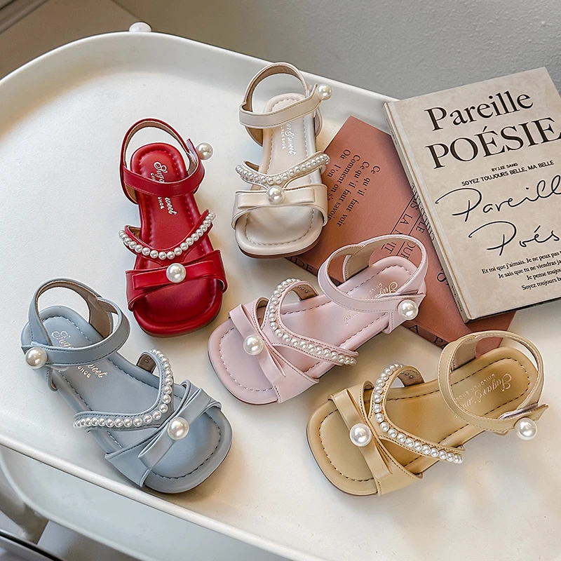

Girl's Sandals Pearl Elegant Party Five Colors Square Toe Childern Sliders Summer Unique Versatile Soft Leather Kids Shoes 23-36