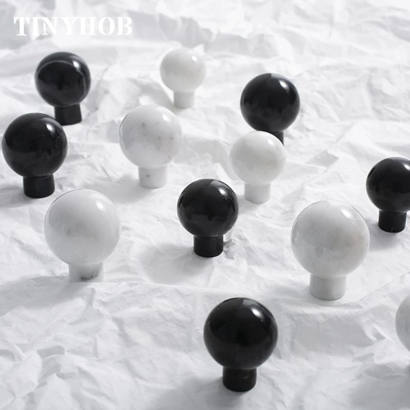 White Natural Marble Cupboard Handles Round Furniture Cabinet Handle Small Dresser Drawer Pulls Black White Kitchen Accessories