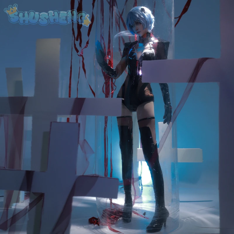 

Anime Eva ayanrei cosplay costume sexy black leather jumpsuit Halloween wig accessory Ayanami Rei woman uniform