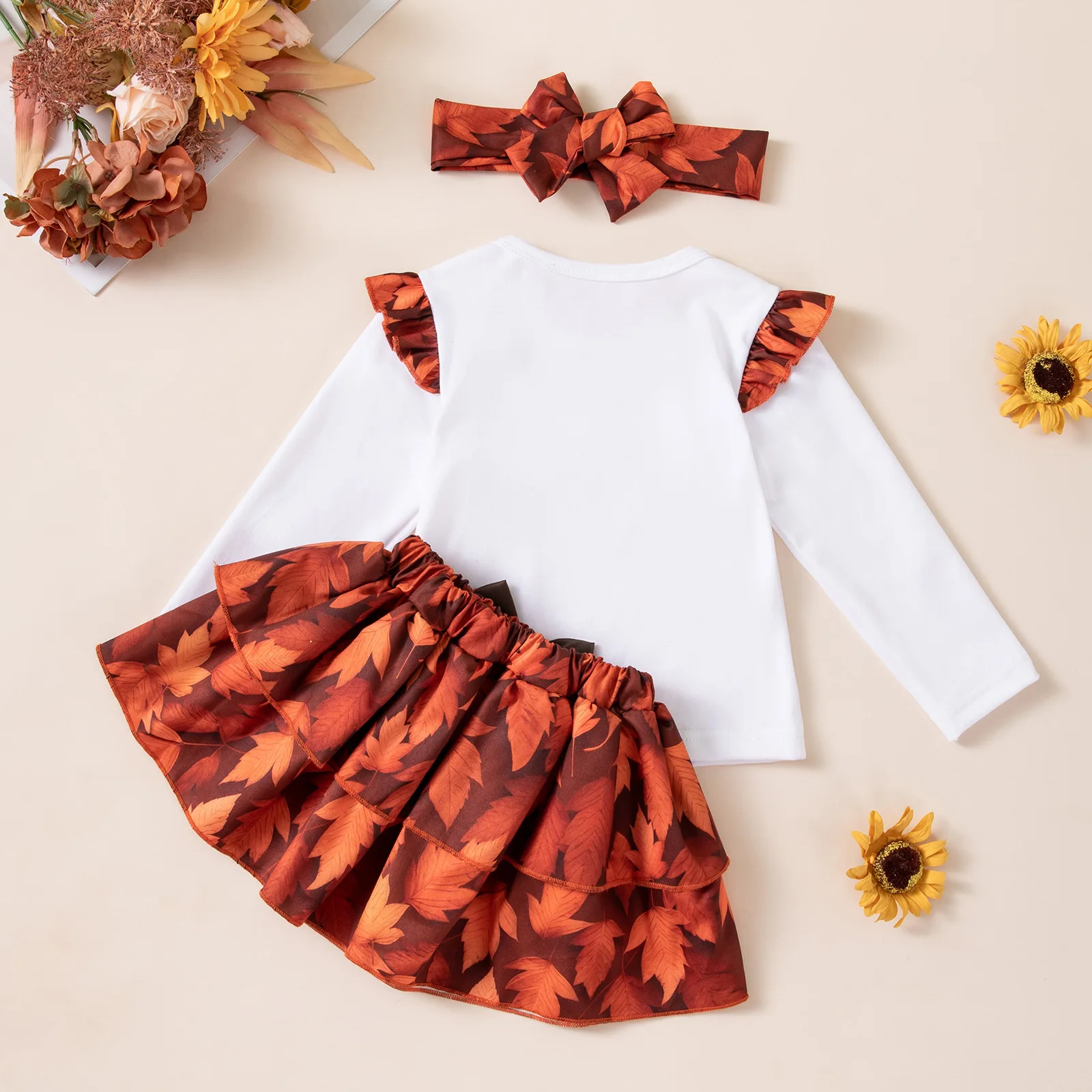 Girls Halloween Maple Leaf Long Sleeve T-Shirt Set Satin Maple Leaf Skirt Headband Thanksgiving Baby Party Dress
