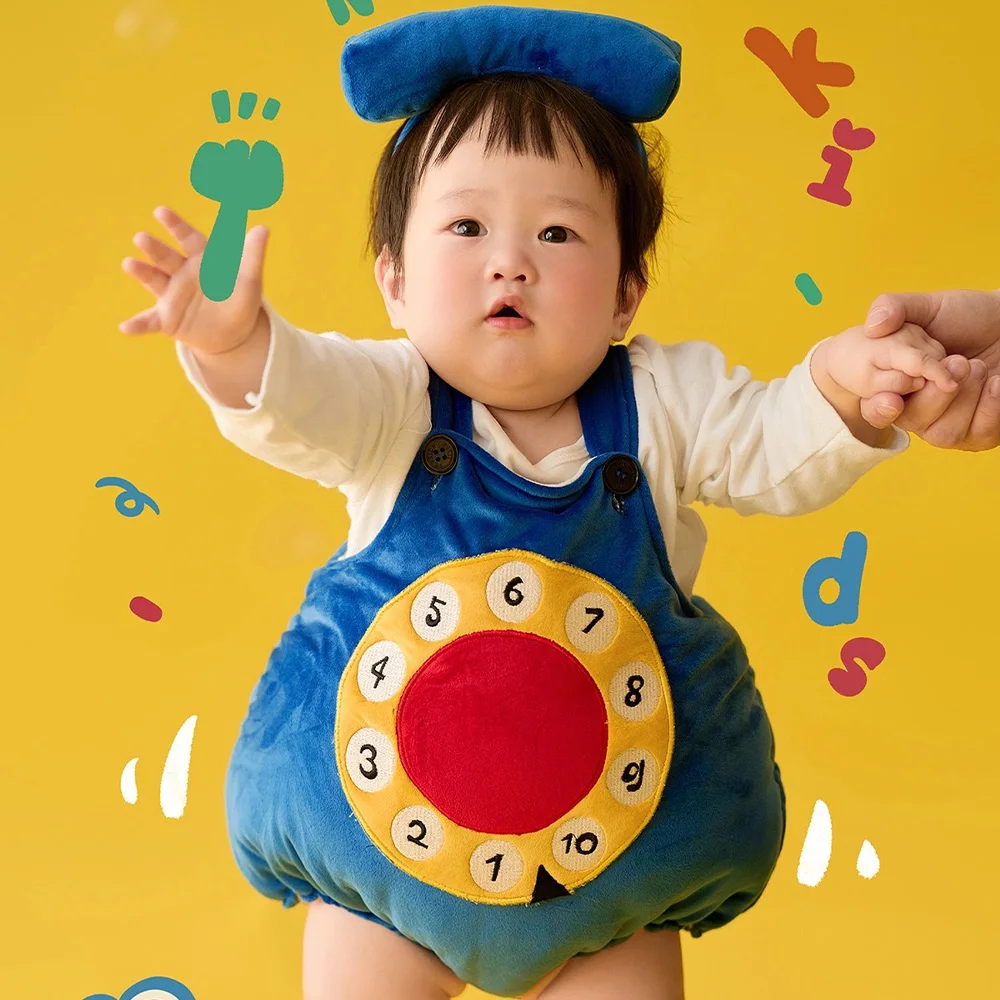 Pakaian bayi untuk 3-12 bulan Alarm jam tema fotografi kostum jam Alarm Jumpsuit dengan lapisan putih kaus kaki Fotografi Prop