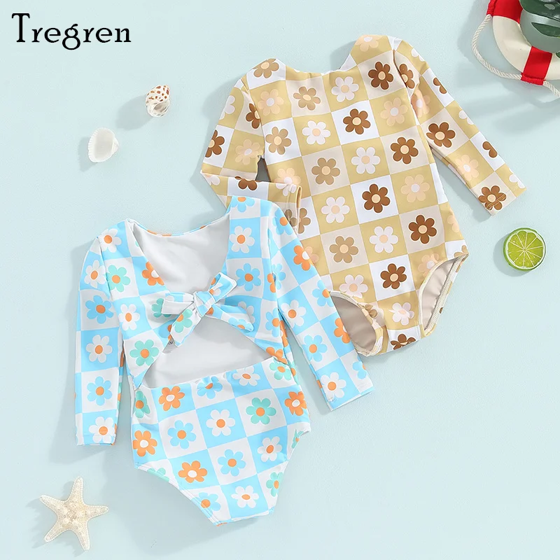 

Tregren Toddler Baby Girl Swimsuits Summer Floral Print Knotted Backless Long Sleeves Romper Swimwear Bathing Suits Beachwear