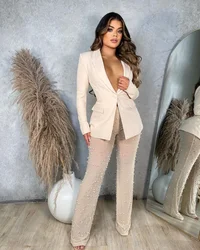 Pearls Blazer 2 Piece Sets Women Suit Single Button Long Sleeve Coat Top Sheer Mesh Flare Pants with Panties Sexy Clubwear