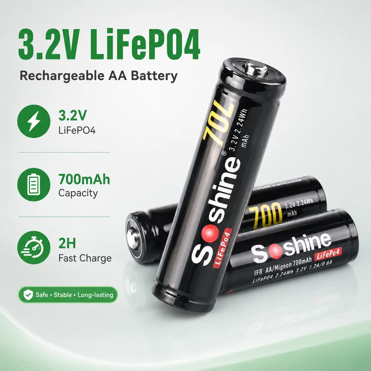 

LiFePO4 AA Battery 14500 3.2V 700mAh 1000+ Cycles Rechargeable for Solar Light Toy Mic Remote