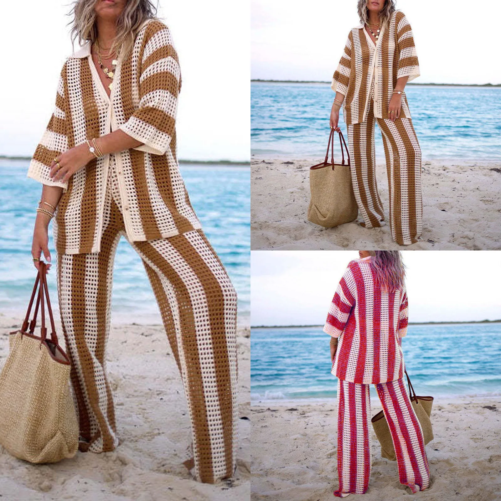 

Sexy Hollowed Vertical Stripe Women's Wide Leg Pants Set Casual Lapel V Neck Loose Shirt Suit Summer Female Vacation Chic Outfit