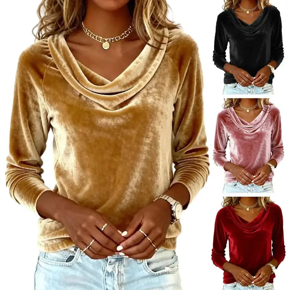 

Women Tops Women’s Velvet Pullover Top Long Sleeve Swing Collar Blouse Solid Color Office Date Wear Shirt Solid Color Blouse