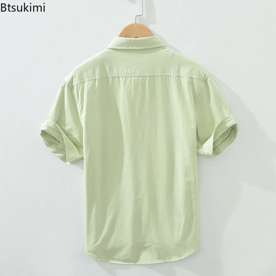 New 2025 Men's 100% Cotton Shirt Tops Loose Casual Shirt Coats Summer Trend Short Sleeve Solid Versatile Blouse Cardigan Male