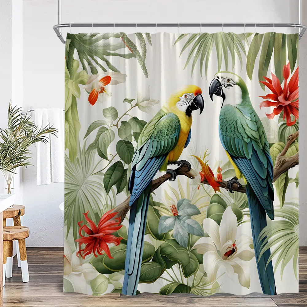 Tropical Leaf Parrots Shower Curtain Boho Vintage Floral Flower Hummingbird Plant Bathroom Decor Animal Print Modern Bath Curtai