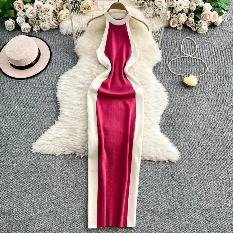INS women sexy summer chic halter neck knitted bodycon long dress casual patchwork party sheath elegant streetwear club dress