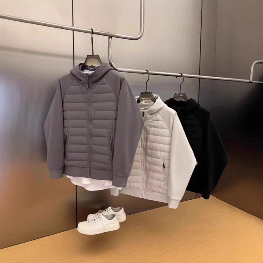Men Hooded Spliced Padded Jacket, Raglan Knit Sleeve Zip Up Coat Casual Lightweight Warm Winter Hybrid Outerwear