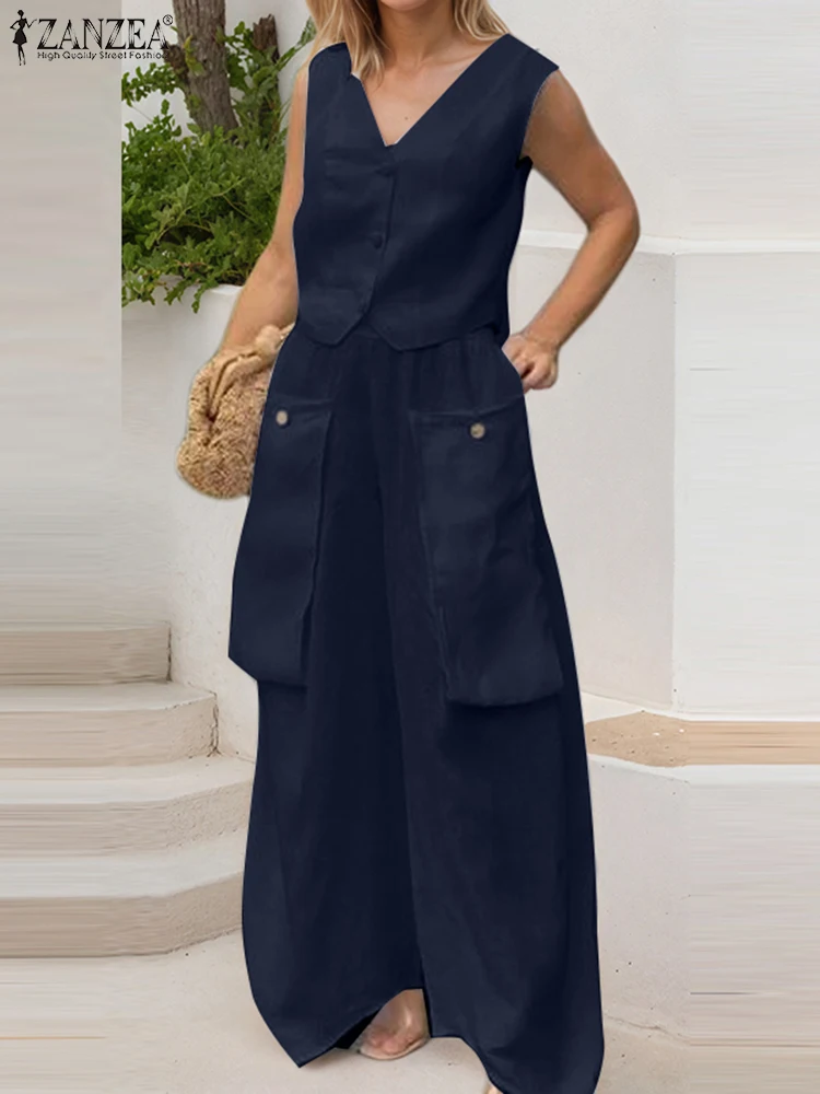 أطقم نسائية غير رسمية من ZANZEA قطع علوية بدون أكمام بنطال ذو قصة أرجل واسعة بدلة مكتب أنيقة متينة 2025 أطقم متناسقة بجيوب صيفية