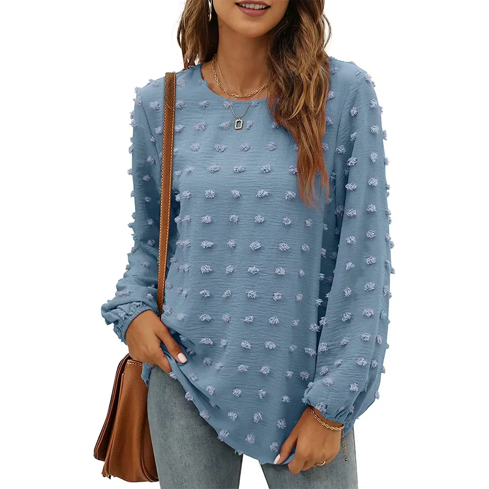 Women's Chiffon Blouses Long Sleeve Crewneck Tops Dressy Casual Loose Pompom Shirts