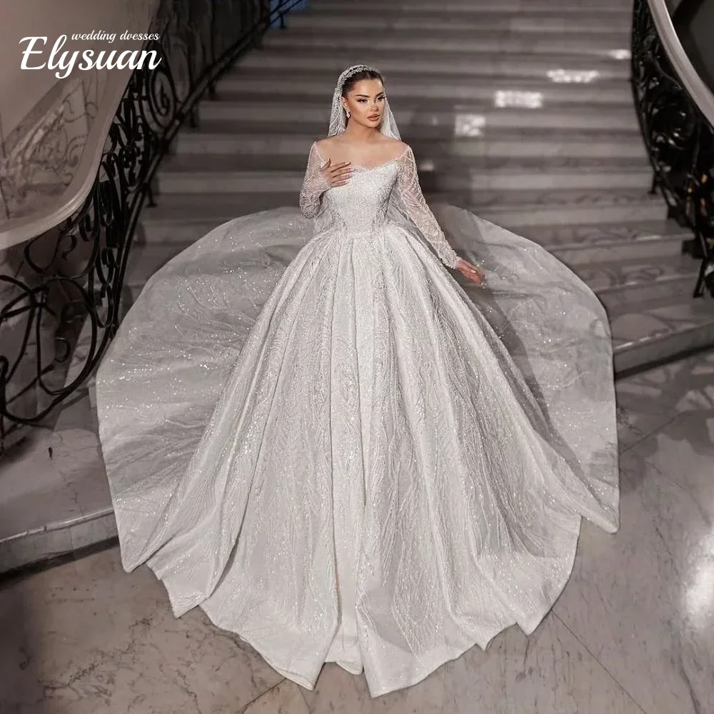 Op maat gemaakte sprankelende luxe trouwjurken met kralen, trein, strapless bruidsbaljurken met lange mouwen