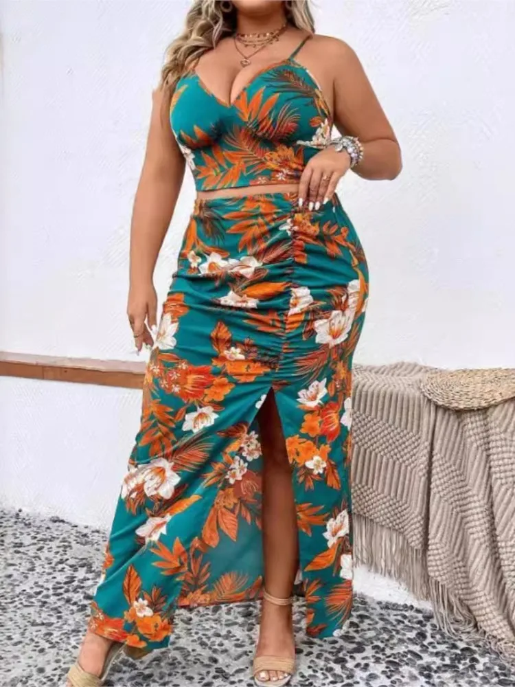 Plus Size Summer Floral Print 2 Two Piece Set Women Sleeveless Sexy Fashion Ladies Cropped Slip Tops Split Pleated Woman Skirts