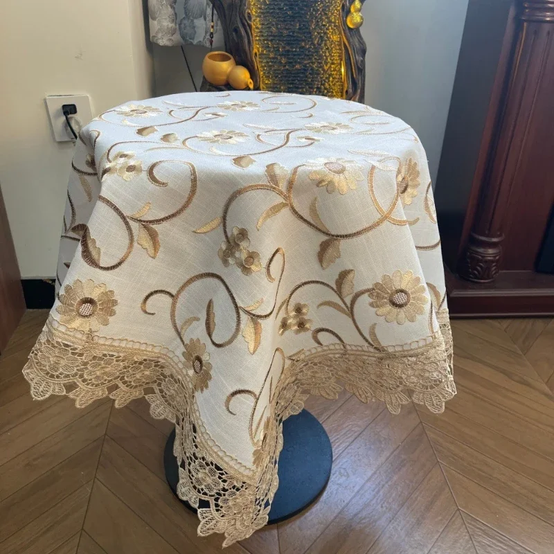 Light Luxury Gold Embroidered Tablecloth European Style Linen Modern Waterproof Oil Resistant Dining Table Lace Edge Table cloth