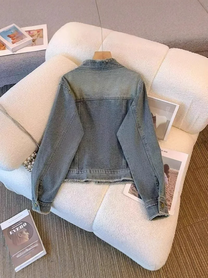 

Women'S Zipper Jackets Youthful Woman Clothes Denim Washed Blue Ladies Casual Vintage Outerwear Spring Fall Pocket Fashion Slim