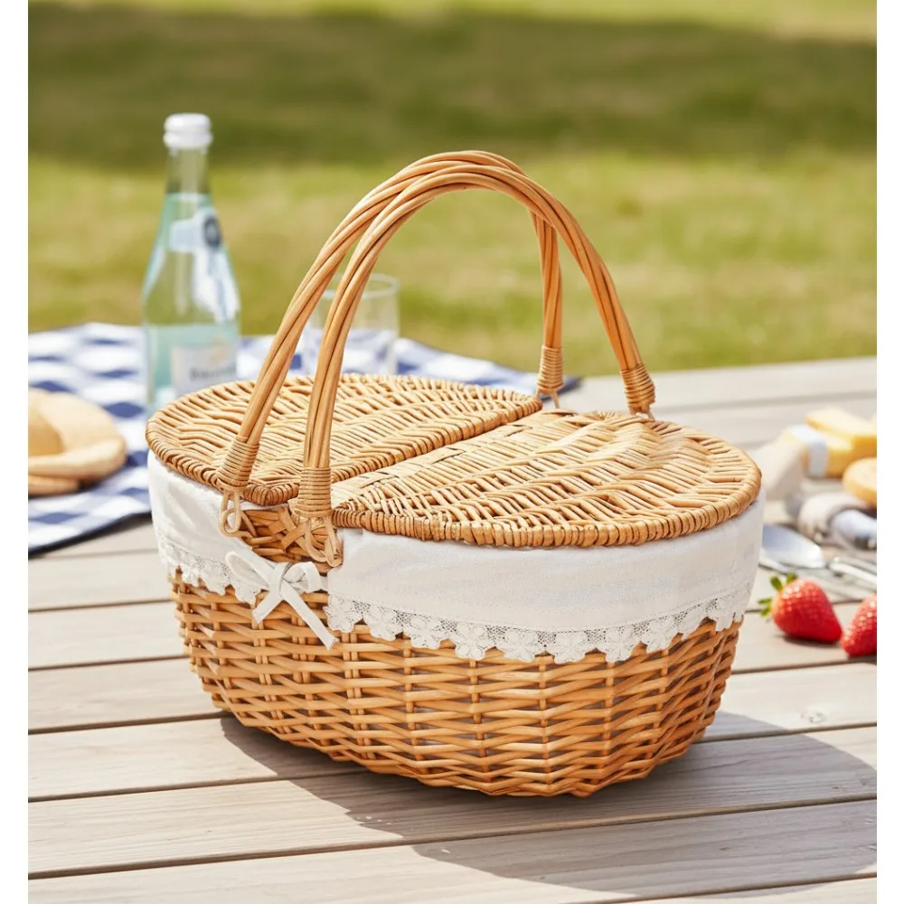 

Vintage Woven Picnic Basket with Removable Liner, Foldable Handle for Outdoor Camping Family Gatherings