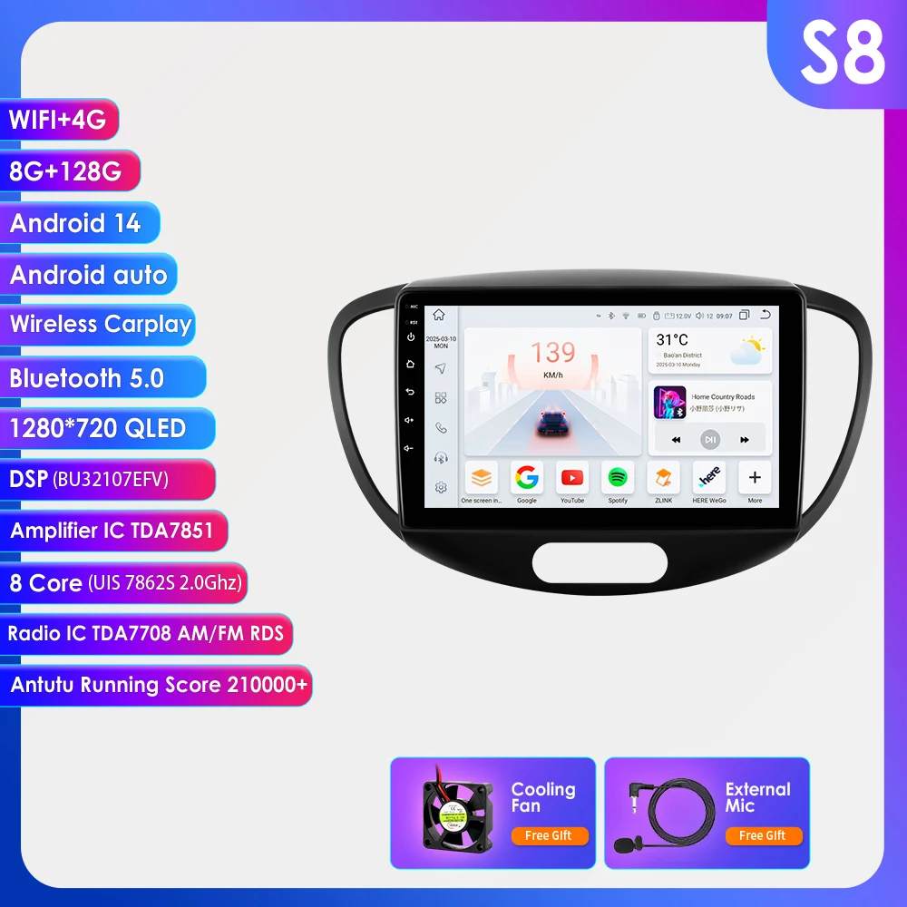Hizpo Wireless CarPlay Android Auto Auto-intelligente systemen voor Hyundai I10 2007 - 2013 Stereo Multimedia Radio 2 Din Autoradio GPS Head Unit