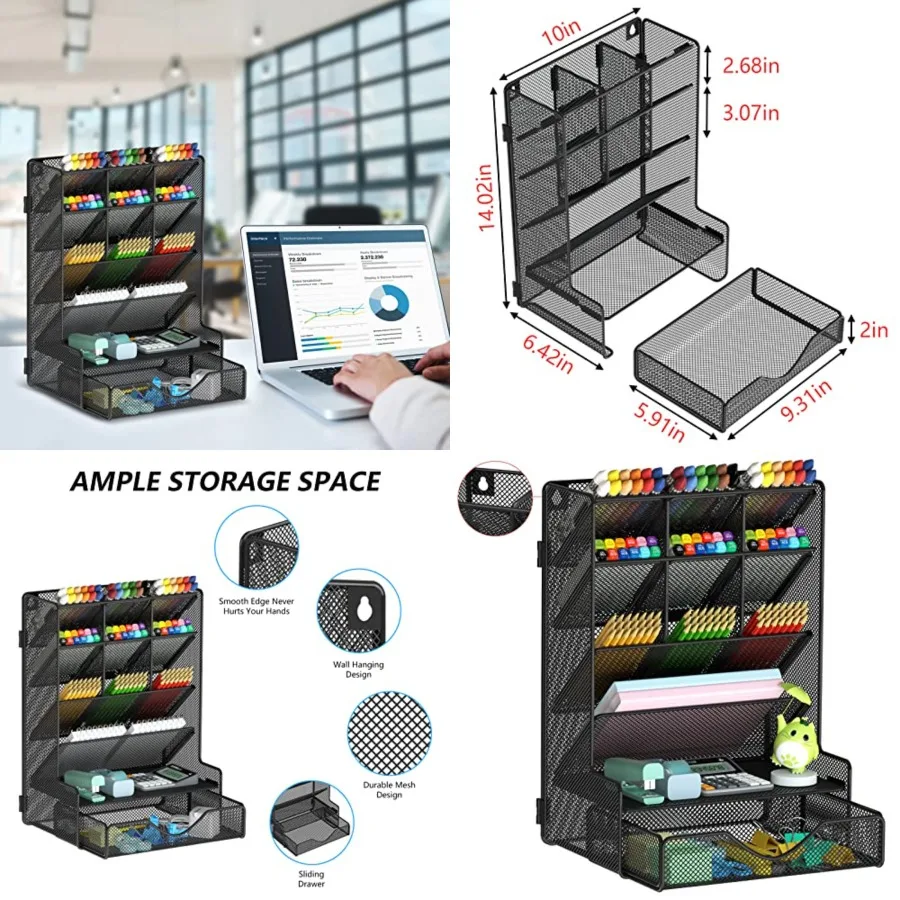 

Pen Organizer for Desk Multi-Functional Desk Organizer Wall Mount Pen Holder with Drawer for School Office Home Art Supplies Bl
