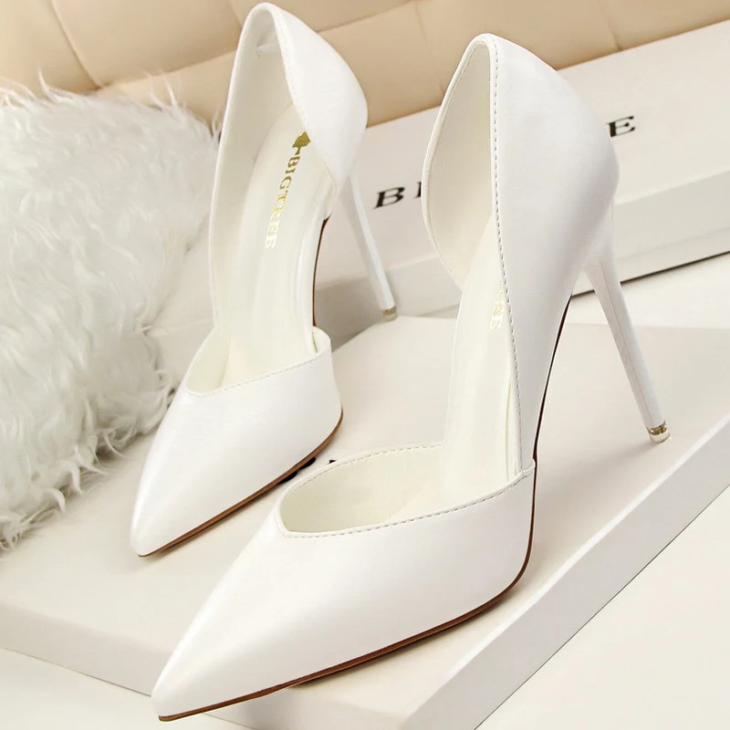 BIGTREE Shoes White Women Pumps Pu Leather High Heels Stiletto Wedding Shoes Pointed Toe Classic Pumps Ladies Women Basic Pump