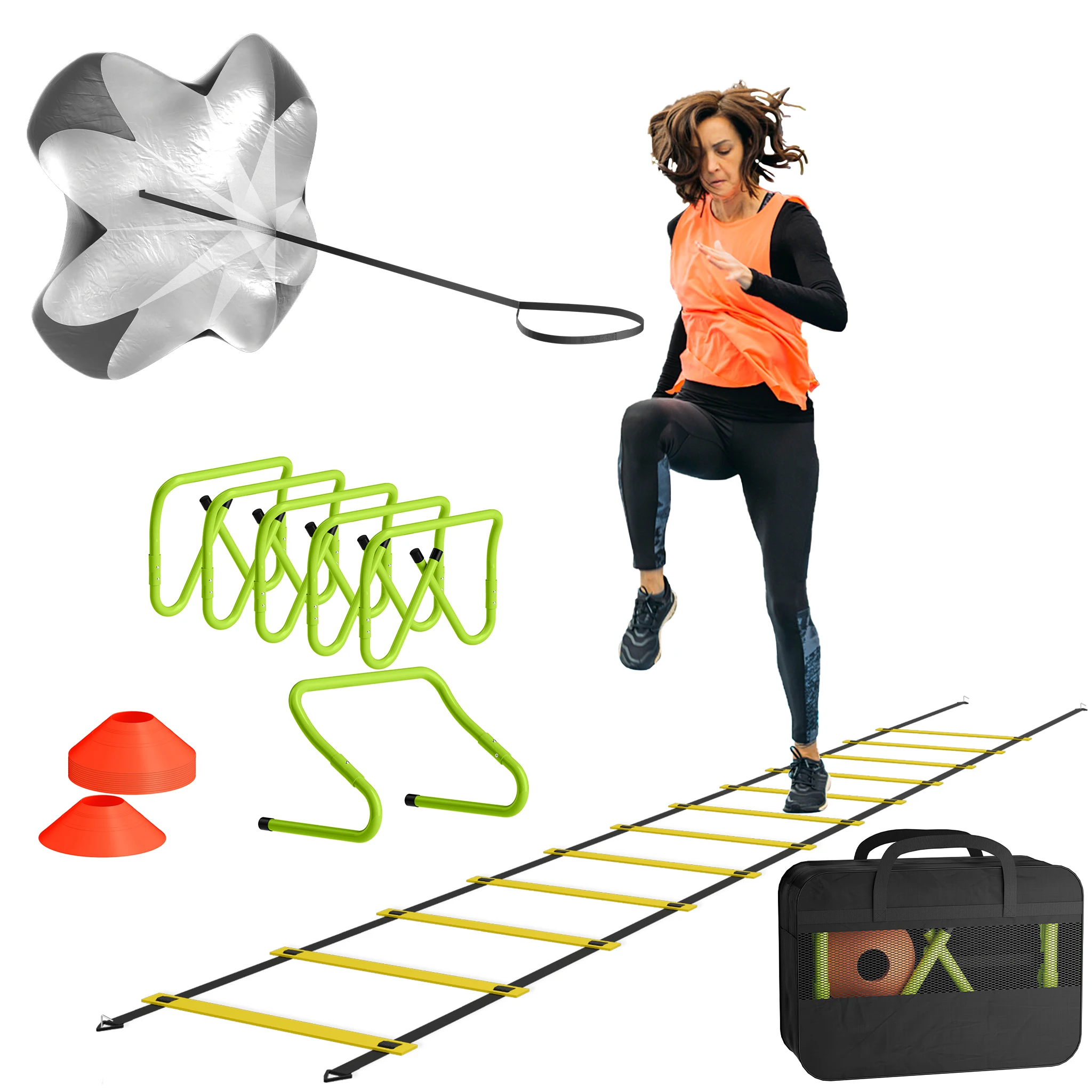Ensemble d'entraînement d'agilité 6M avec haies réglables, échelle de vitesse, parachute de résistance, 12 cônes de marquage, kit d'entraînement sportif et de remise en forme pour enfants et adultes, football, basketball