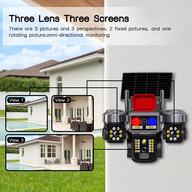V380 Solar Security Camera  WiFi 15MP 8K 10X Zoom Triple Screen 360° Panoramic Outdoor Wireless IP Cam