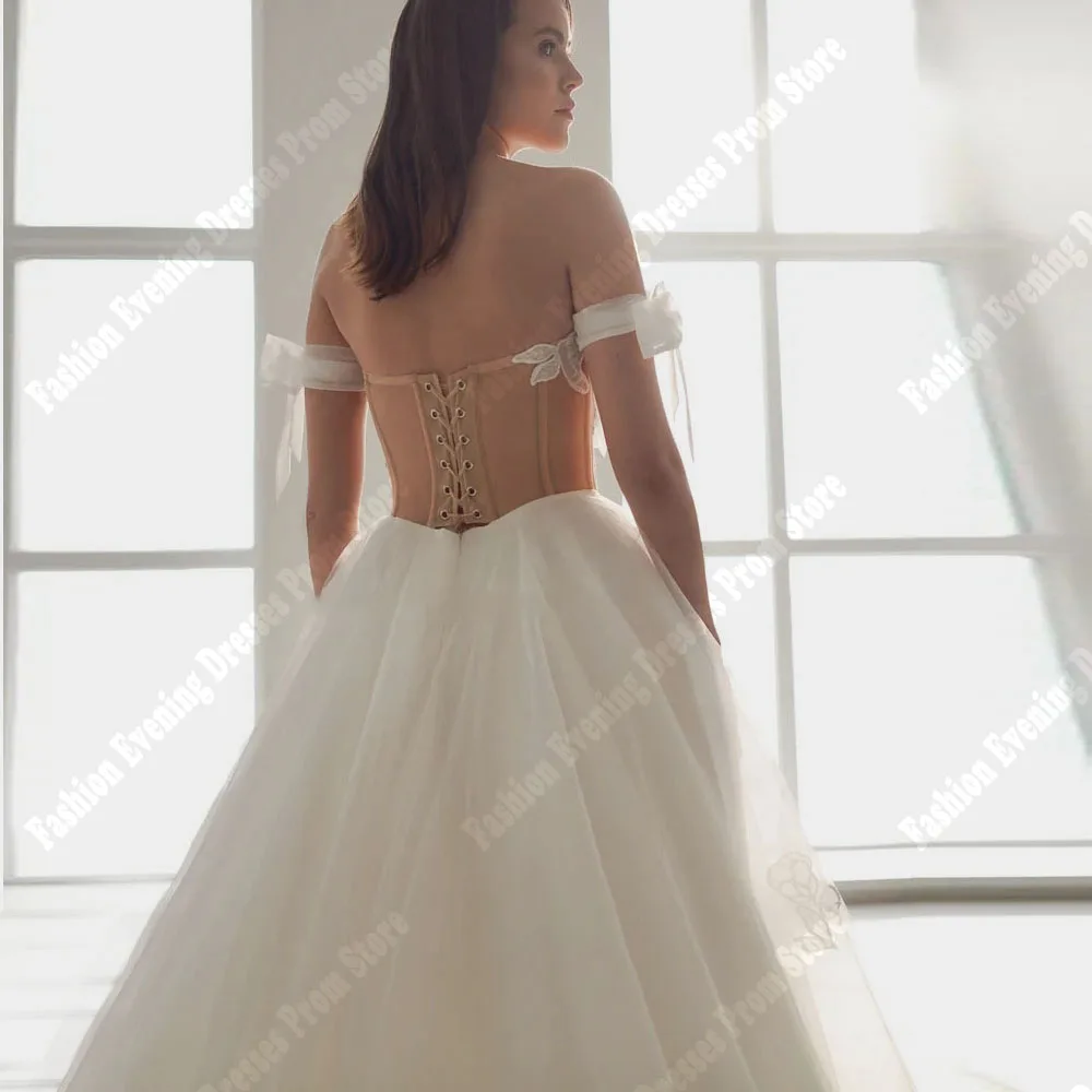 Exquisite Shining Tulle Women Wedding Dresses Backless Bride Gowns For Formal Party Off The Shoulder Floor Mopping Vestidos 2024