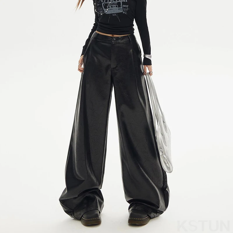 KSTUN Hot Girl PU بنطال جلدي واسع الساق فضفاض معلق شعور مستقيم الساق مظهر غير رسمي للمرأة موضة روك ستايل جلد صناعي #4