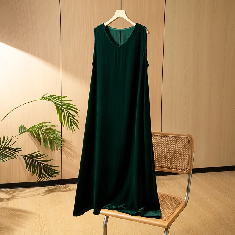 

100% Mulberry Silk Lining Women Velvet Silk Midi Dress V-Neck Sleeveless Solid Color Green A-line Vintage Evening Dress QQ055
