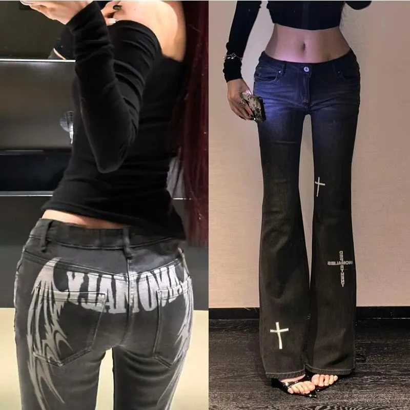 

Gothic Streetwear Low Rise Jeans Y2K Hot Girl Sexy Slim Fit Black Straight Leg Slight Flare Dark Sweet Punk Pants