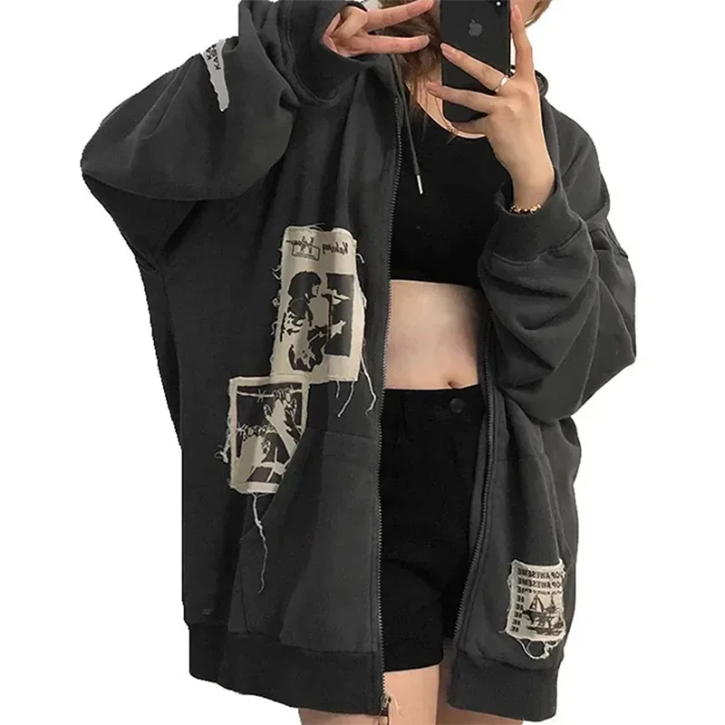 Spring Summer Hoodies Clothing Streetwear Y2k Women\'s Sweatshirts Hooded with Smooth Zipper Chic Letter Print Casual Style Loose