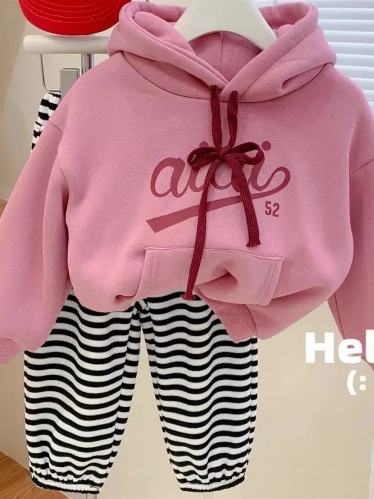 2024Winter New Girls' Double Layer Velvet Padded Hooded Sweatshirt Stripe Integrated Sweat Pants Leisure Two-Piece Suit