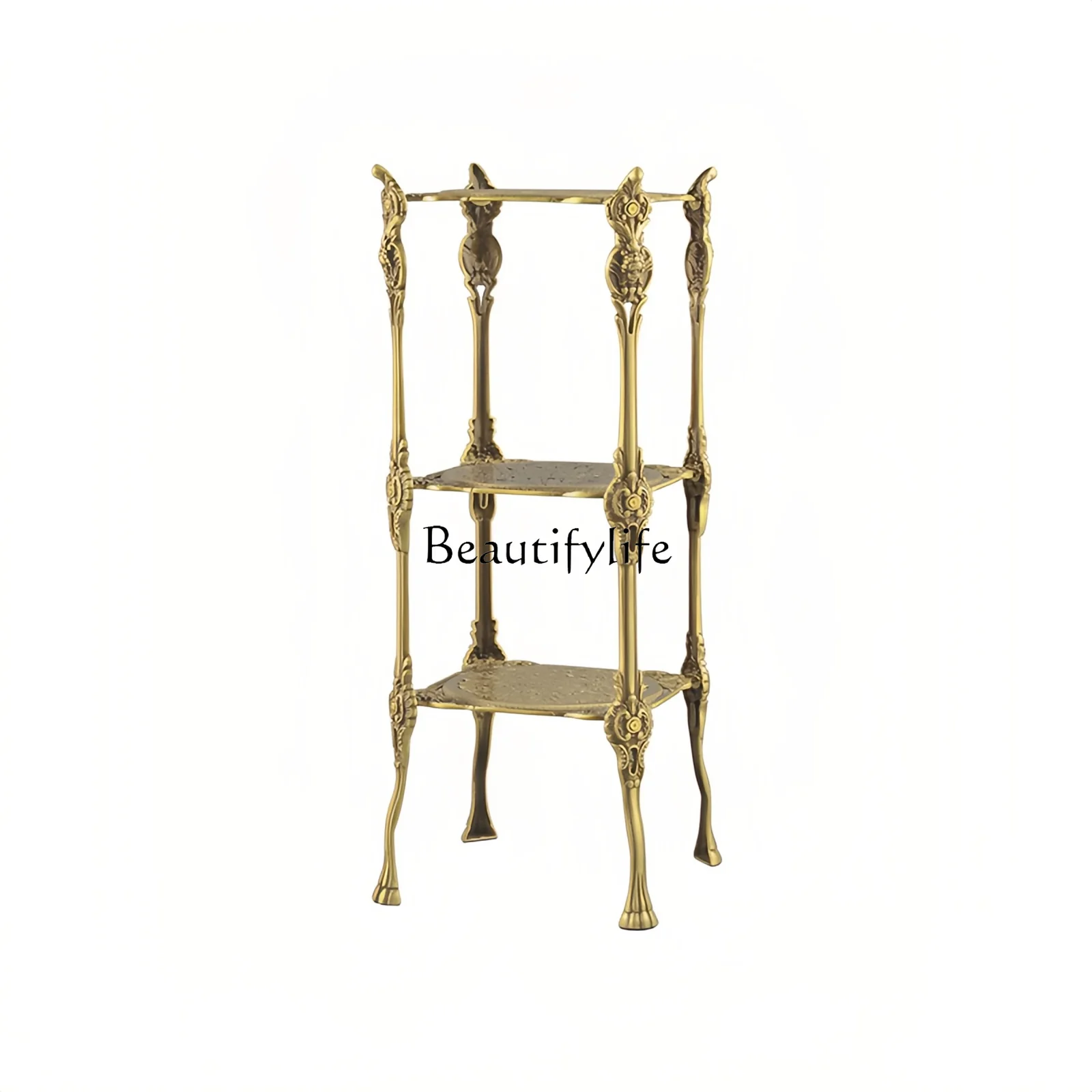 

European retro brass floor rack living room three-layer carved hollow storage rack